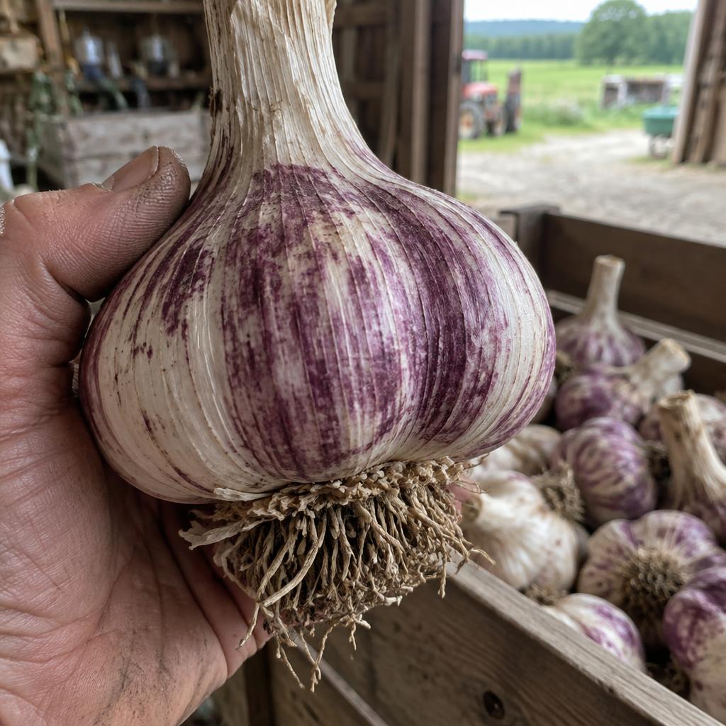 A hand holding a large purple-streaked Red Russian garlic bulb over a crate of cured bulbs in a barn